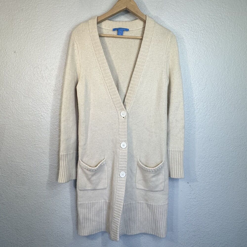 White & Warren Cashmere Cardigan Sweater Cream Soft Long Pockets Luxury Women M